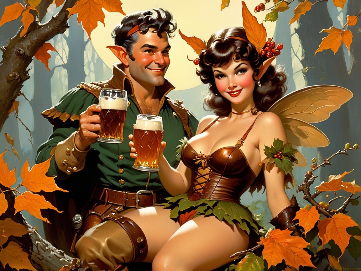 Elf and Fairy Celebrate in Vibrant Autumn Scene