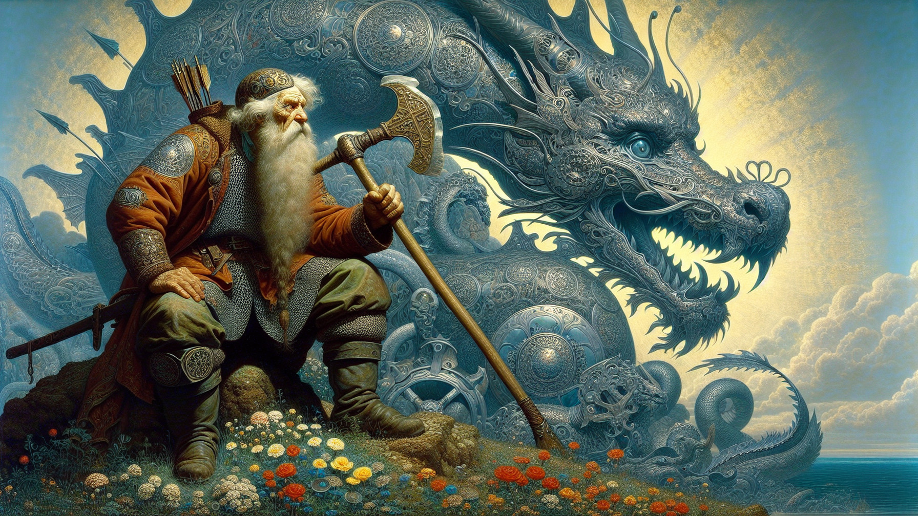 Elderly Warrior with Axe in Flower Field and Dragon