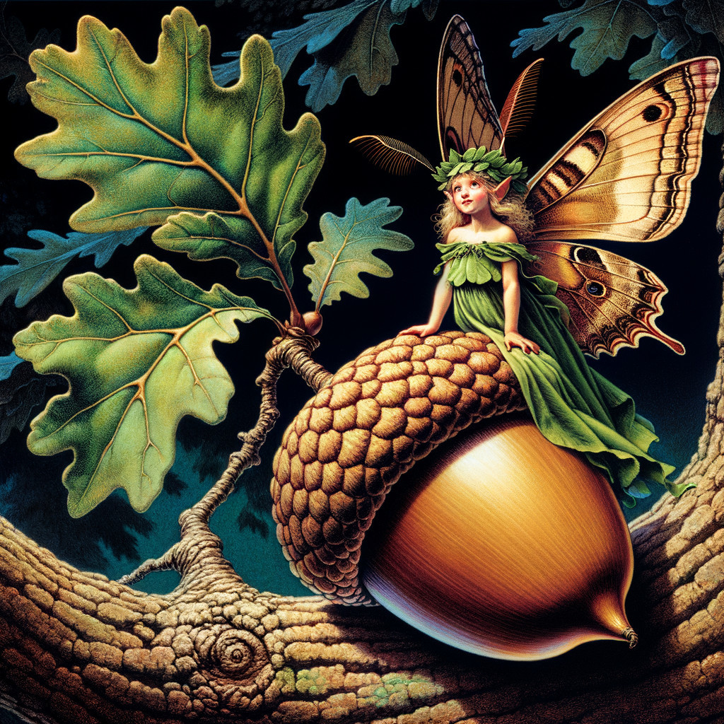 Young fairy on acorn branch in enchanting nature scene