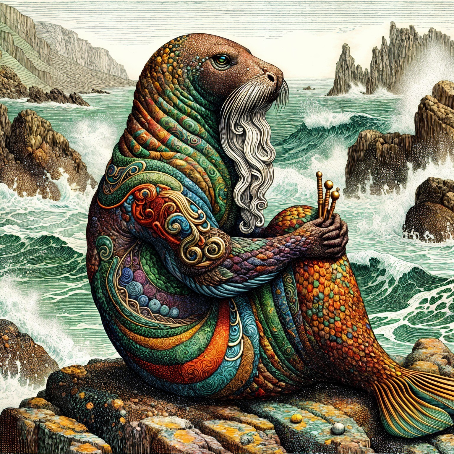 Fantastical Sea Creature on Rocky Shore with Patterns