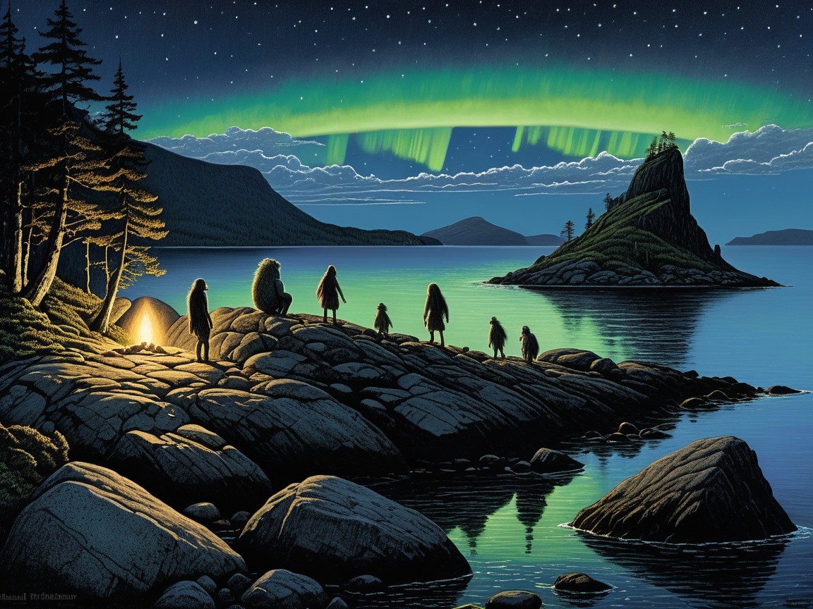 Tranquil Lake Scene with Aurora Borealis and Campfire