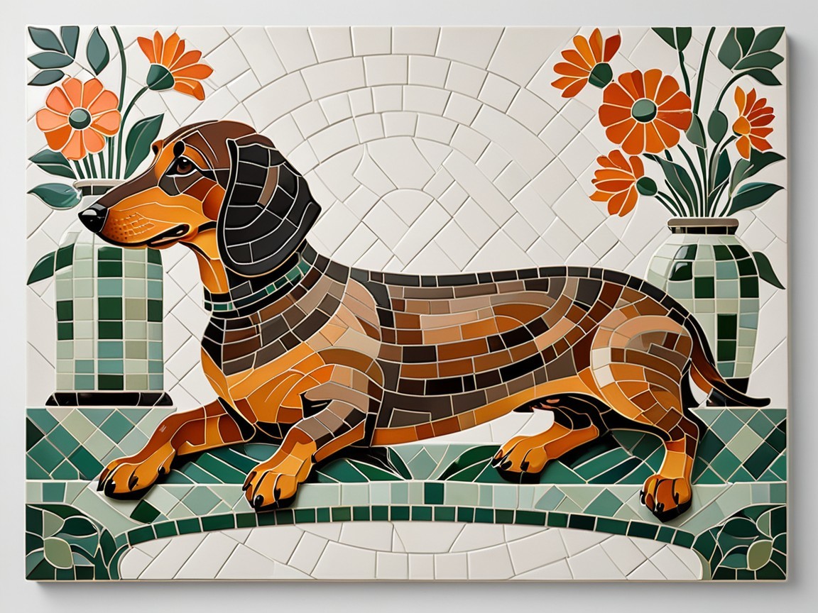 Vibrant Mosaic of a Dachshund with Floral Arrangements