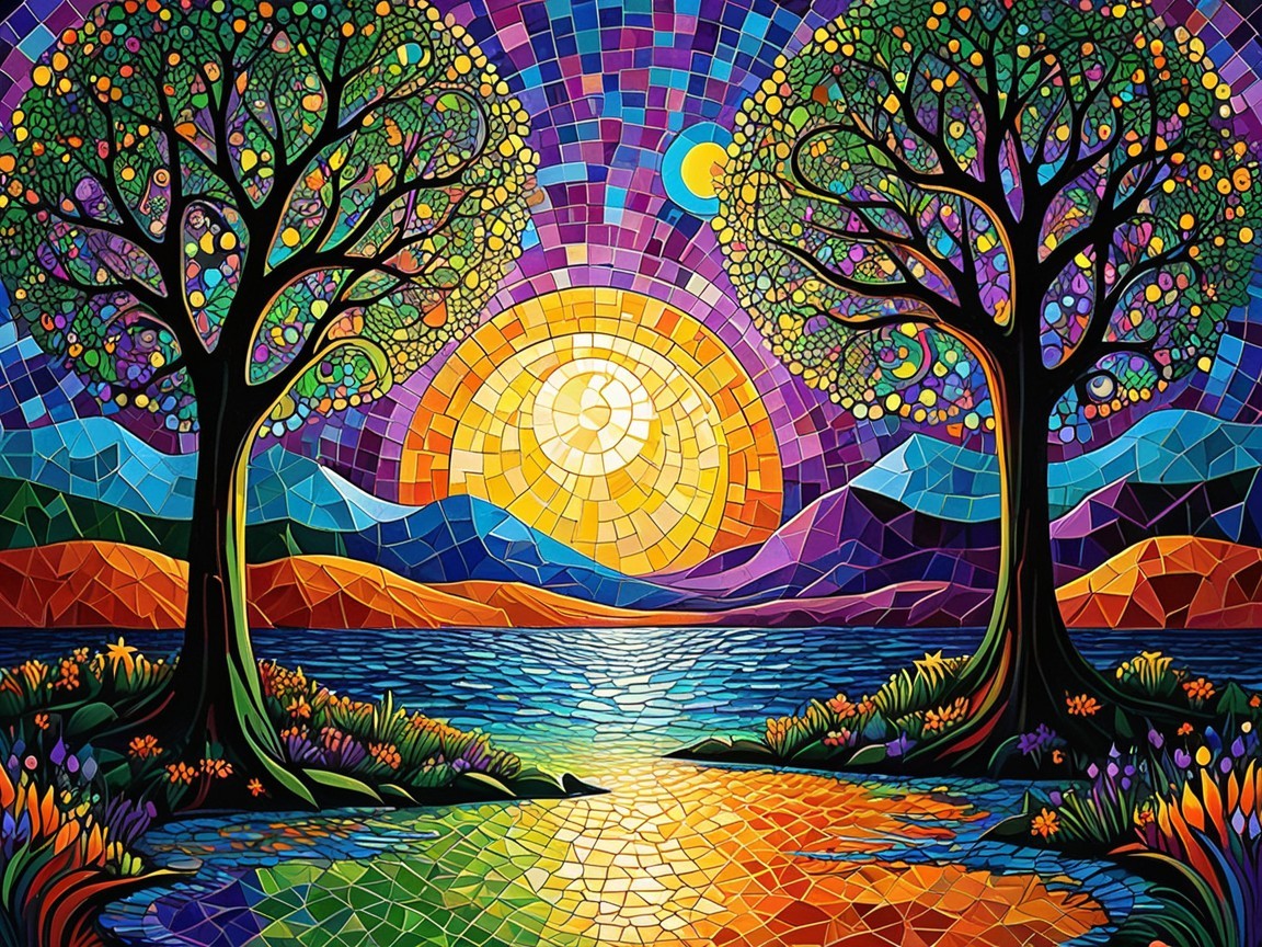 Vibrant Mosaic Landscape with Trees and Sunset Reflections