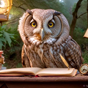 Whimsical Owl at a Wooden Desk in Enchanted Library