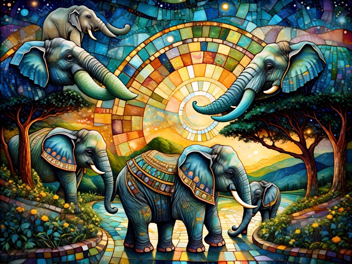 Mosaic Artwork of Elephants in Vibrant Colors
