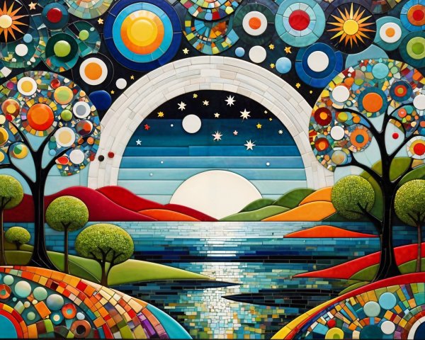 Vibrant mosaic landscape with tranquil river and hills