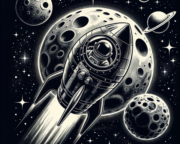 Illustration of a rocket ship in a starry space scene