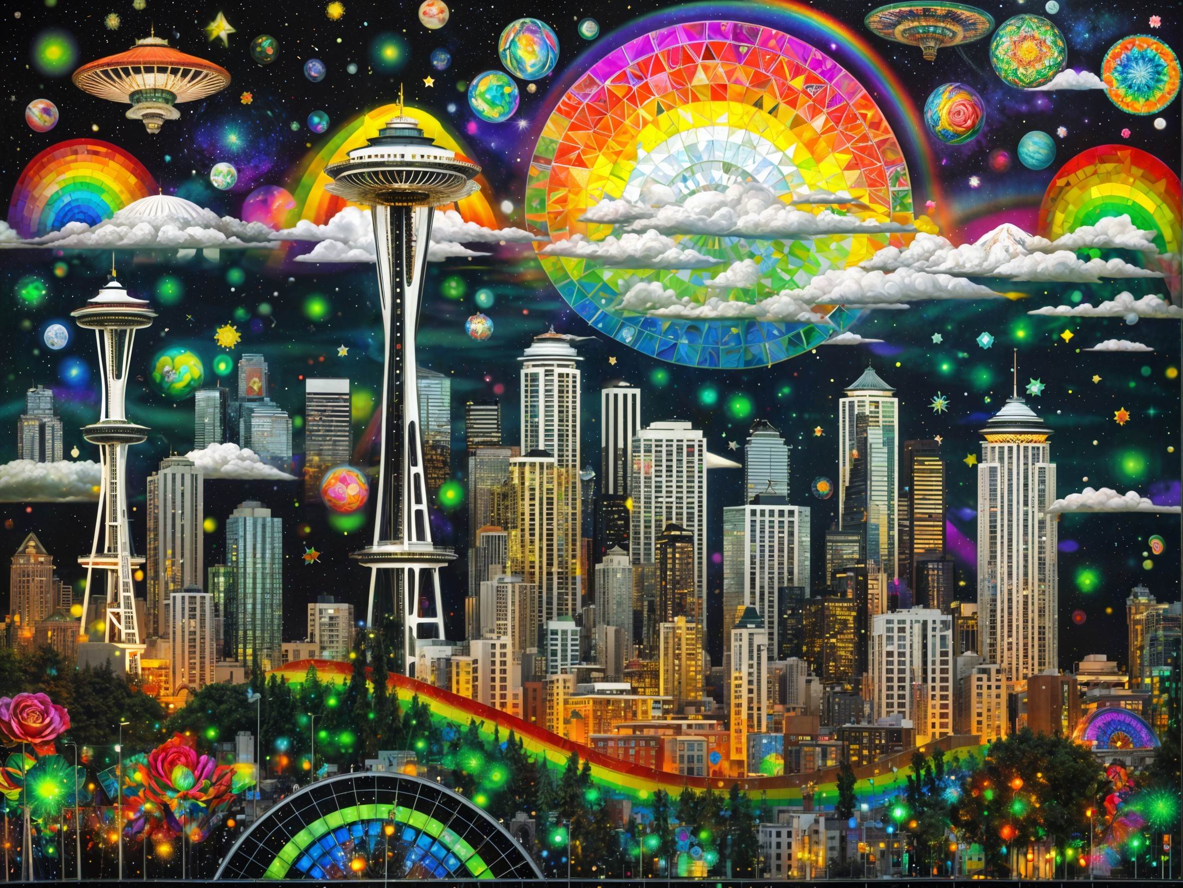 Cosmic Cityscape with Colorful Skyline and Flowers