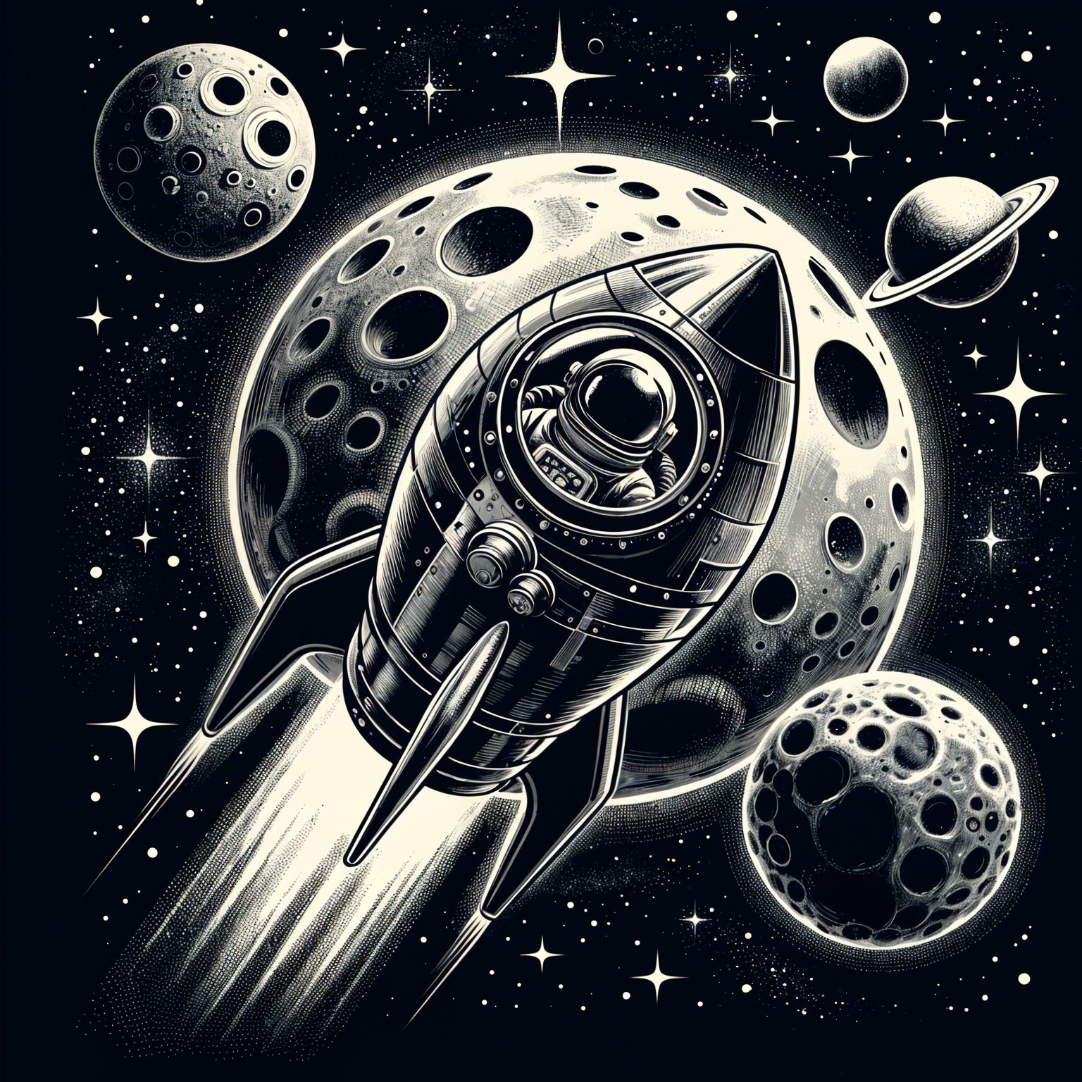 Illustration of a rocket ship in a starry space scene