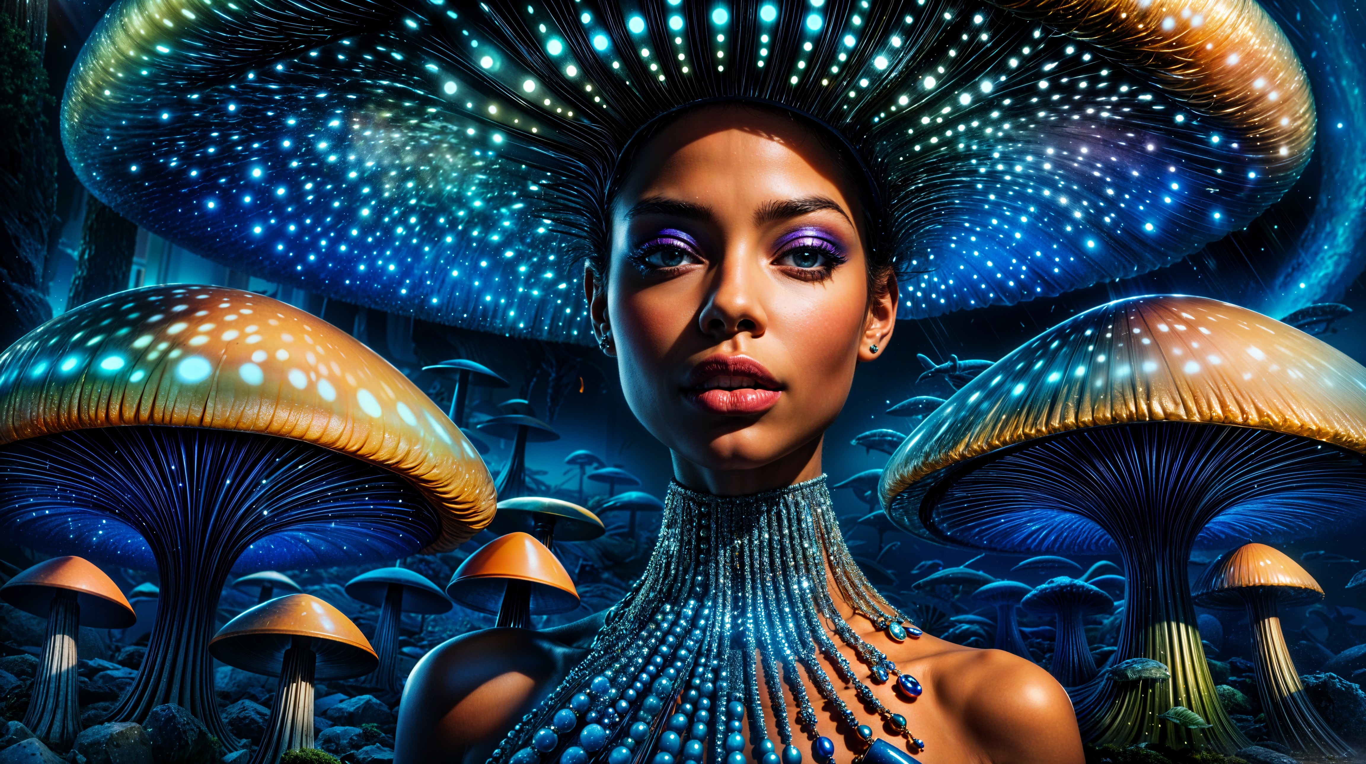 Woman Surrounded by Bioluminescent Mushrooms and Jewels