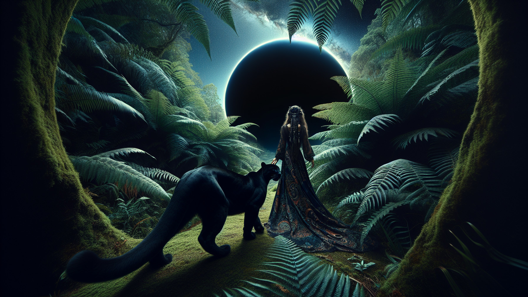 Mysterious Woman and Panther in Dark Forest Setting