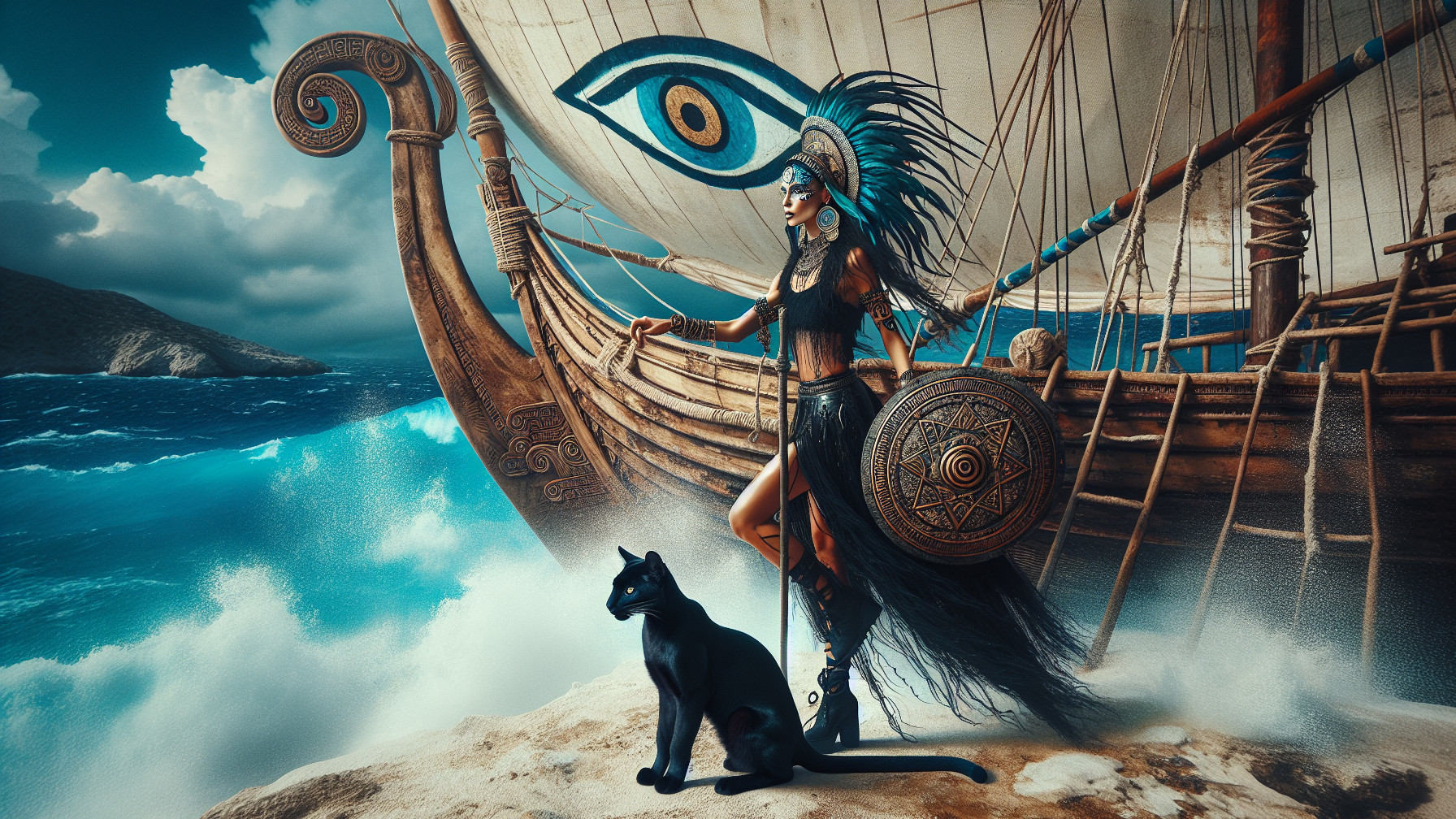 Fierce warrior on rocky shore with tribal attire and ship