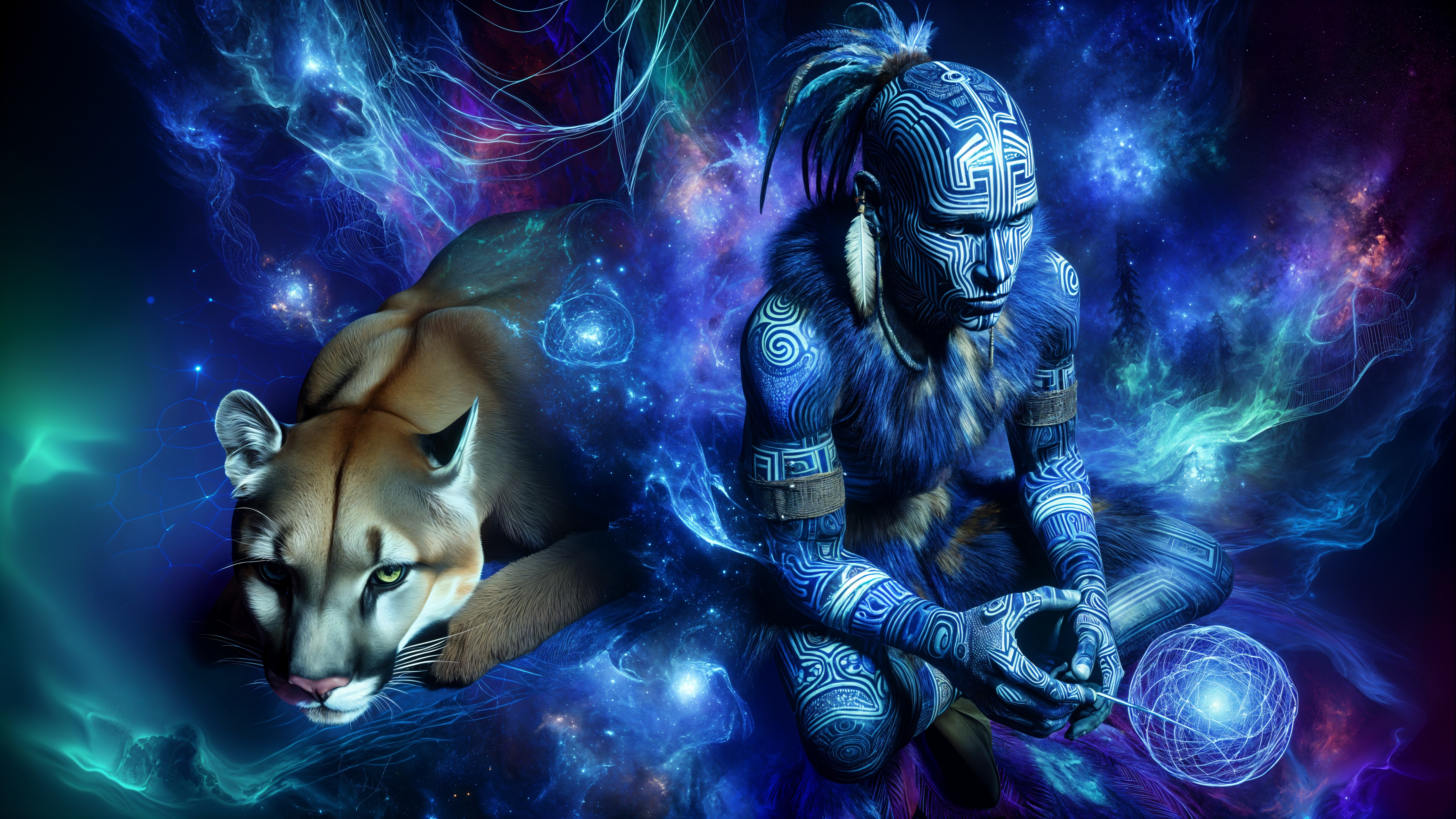 Meditative Figure and Cougar in Cosmic Landscape