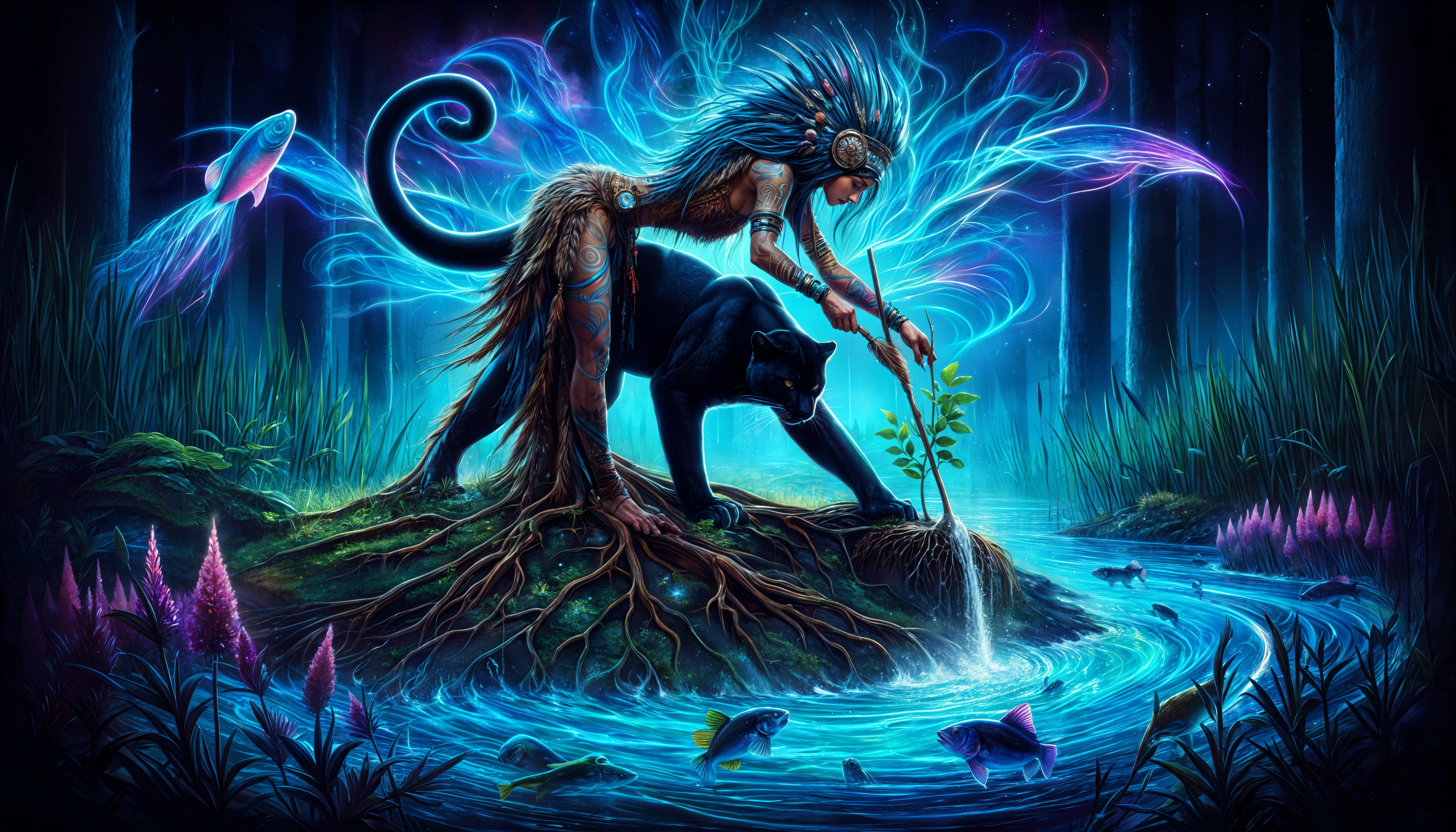 Mystical forest scene with ethereal figure and panther