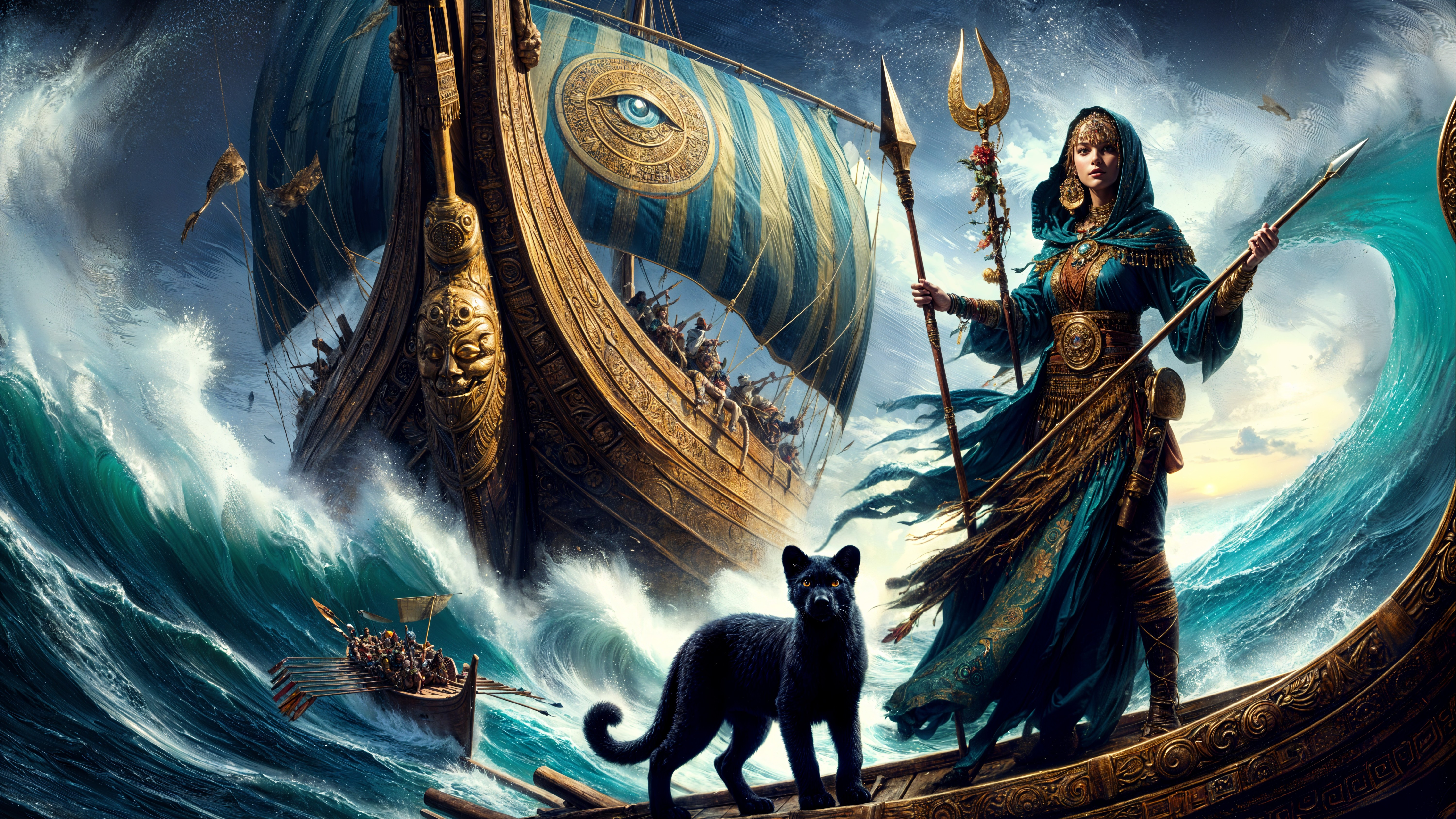 Goddess on Ship with Cat Amidst Turbulent Seas