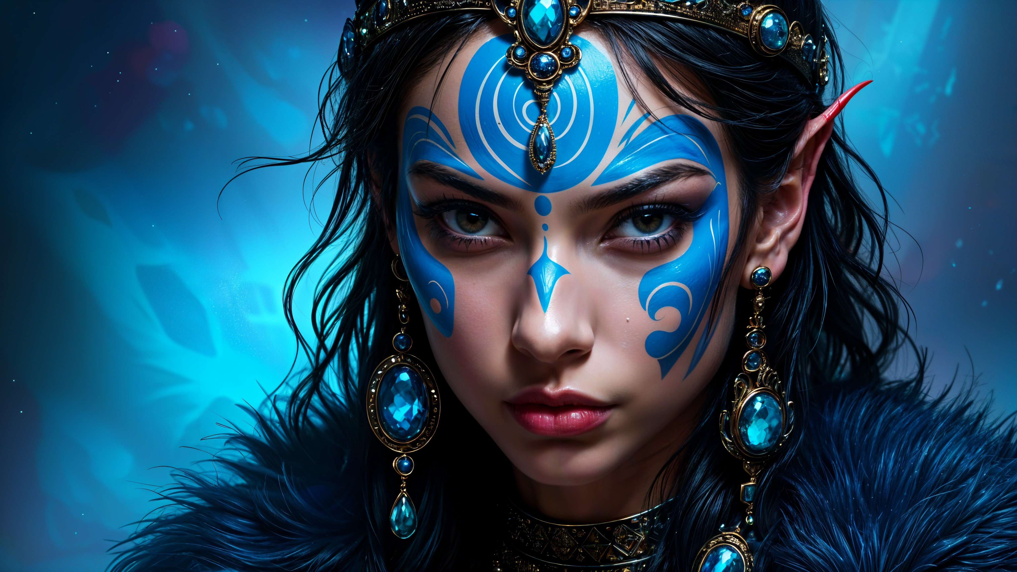 Close-up of an elf queen with blue facial markings
