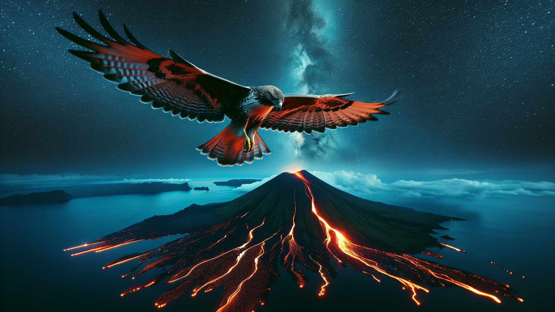 Hawk Over Volcanic Landscape with Erupting Volcano