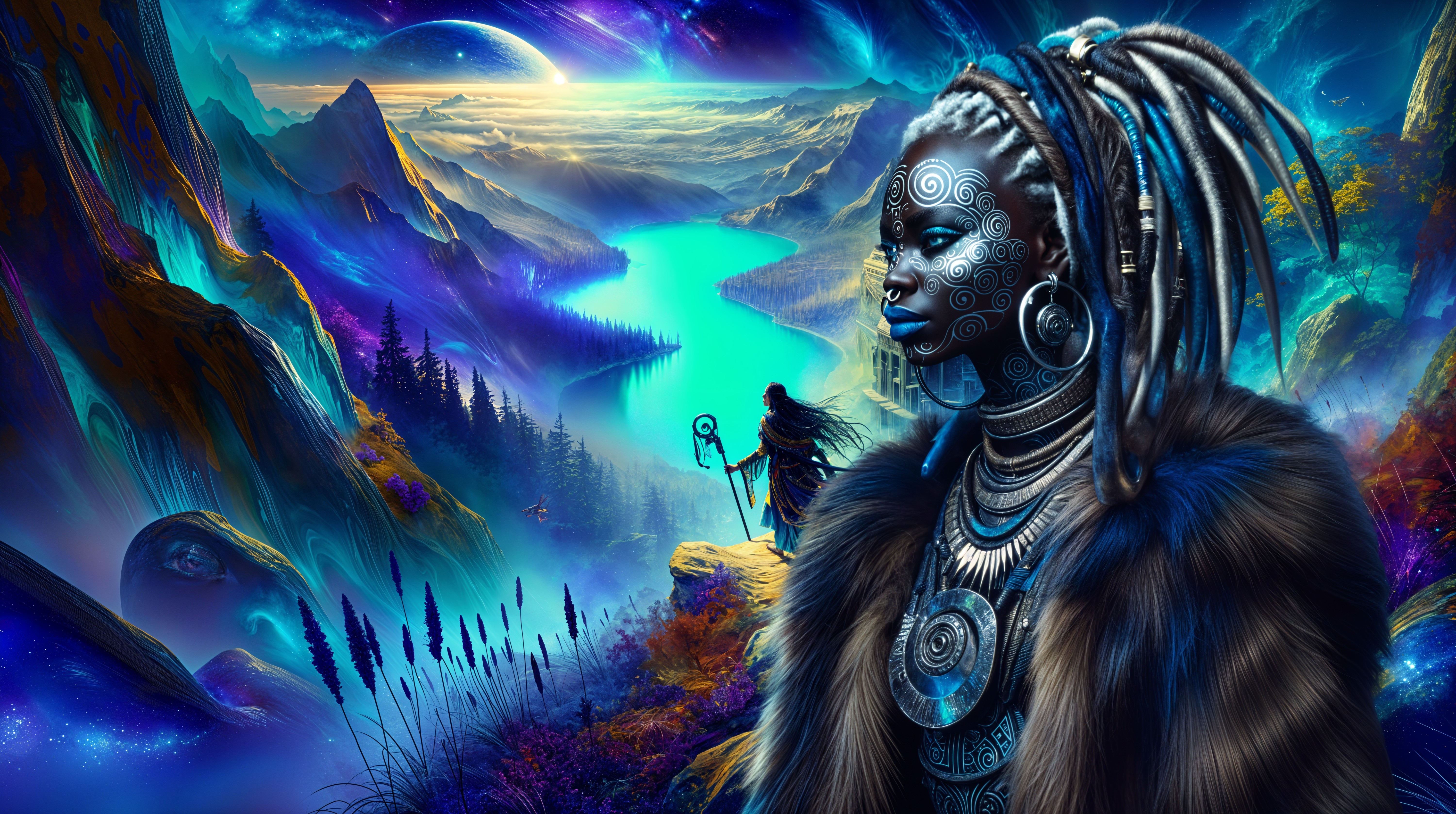 Ethereal Scene with Adorned Figure and Vibrant Landscape