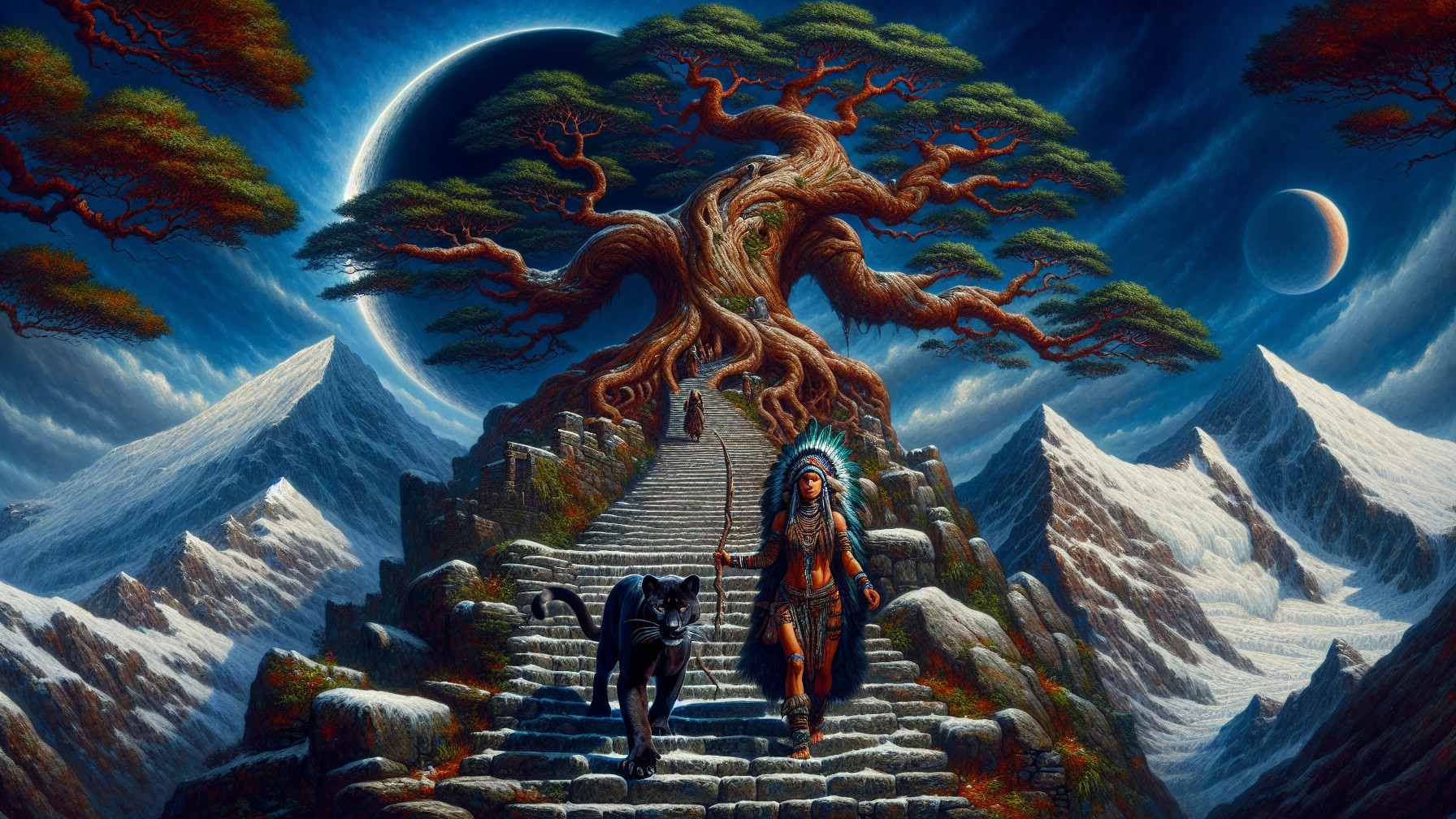 Majestic Tree and Panther in Starry Mountain Scene