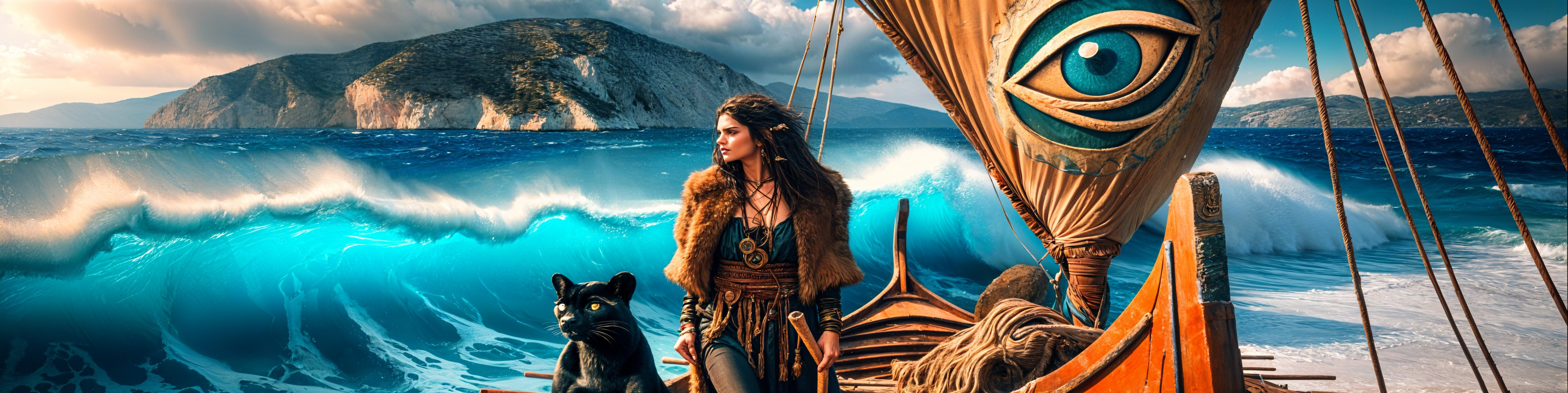 Warrior on Ship with Cat Amidst Ocean Waves and Cliffs