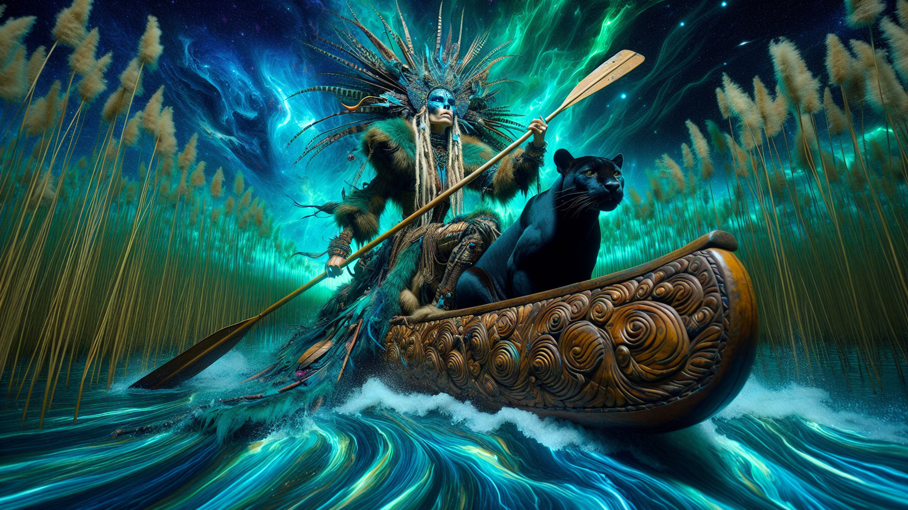 Mystical Figure in Canoe with Panther in Ethereal Waters