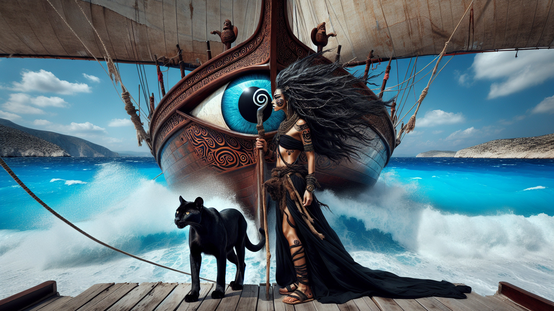 Tribal Figure with Panther on Dock by Grand Ship