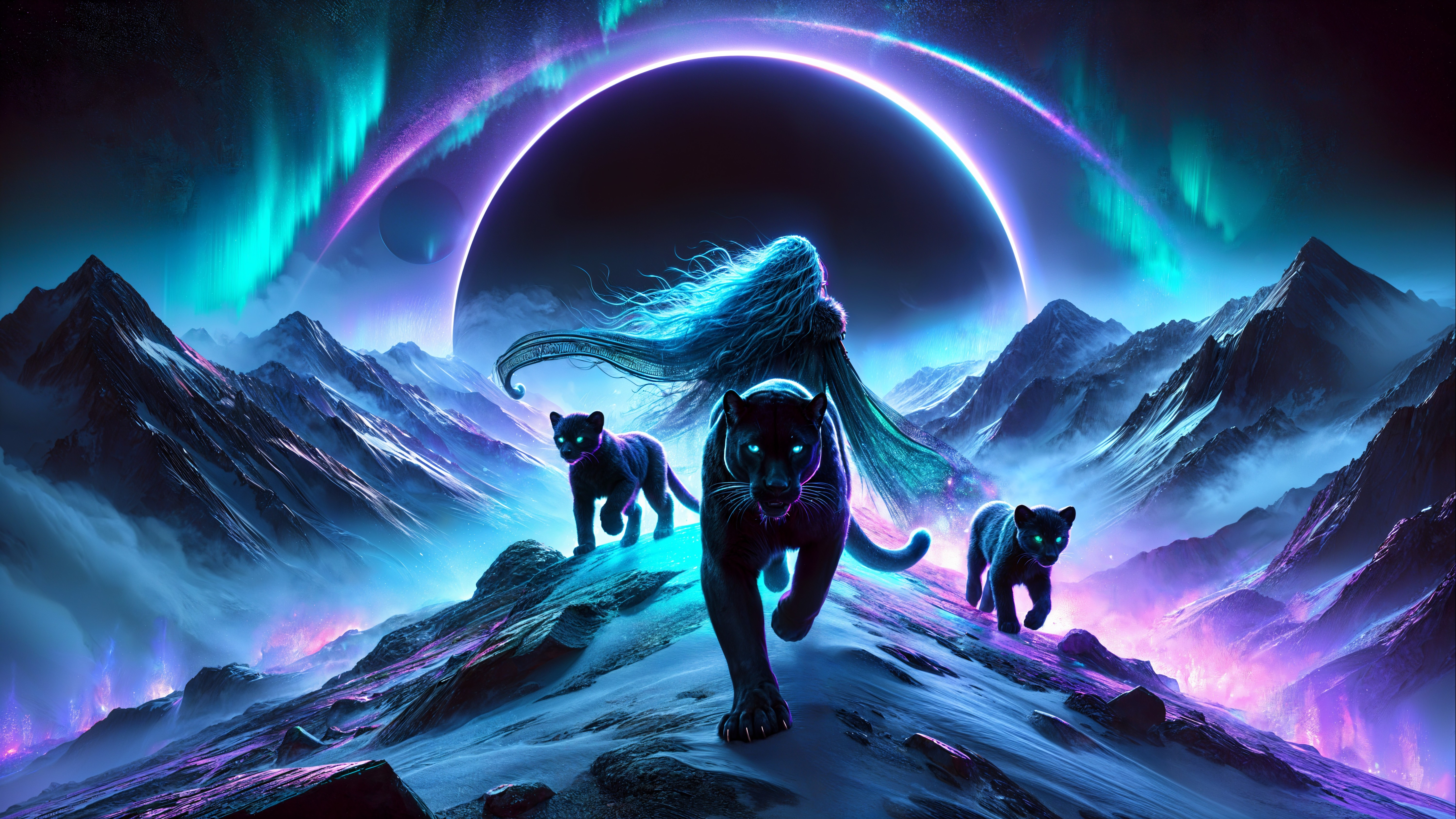 Surreal Landscape with Celestial Body and Panthers