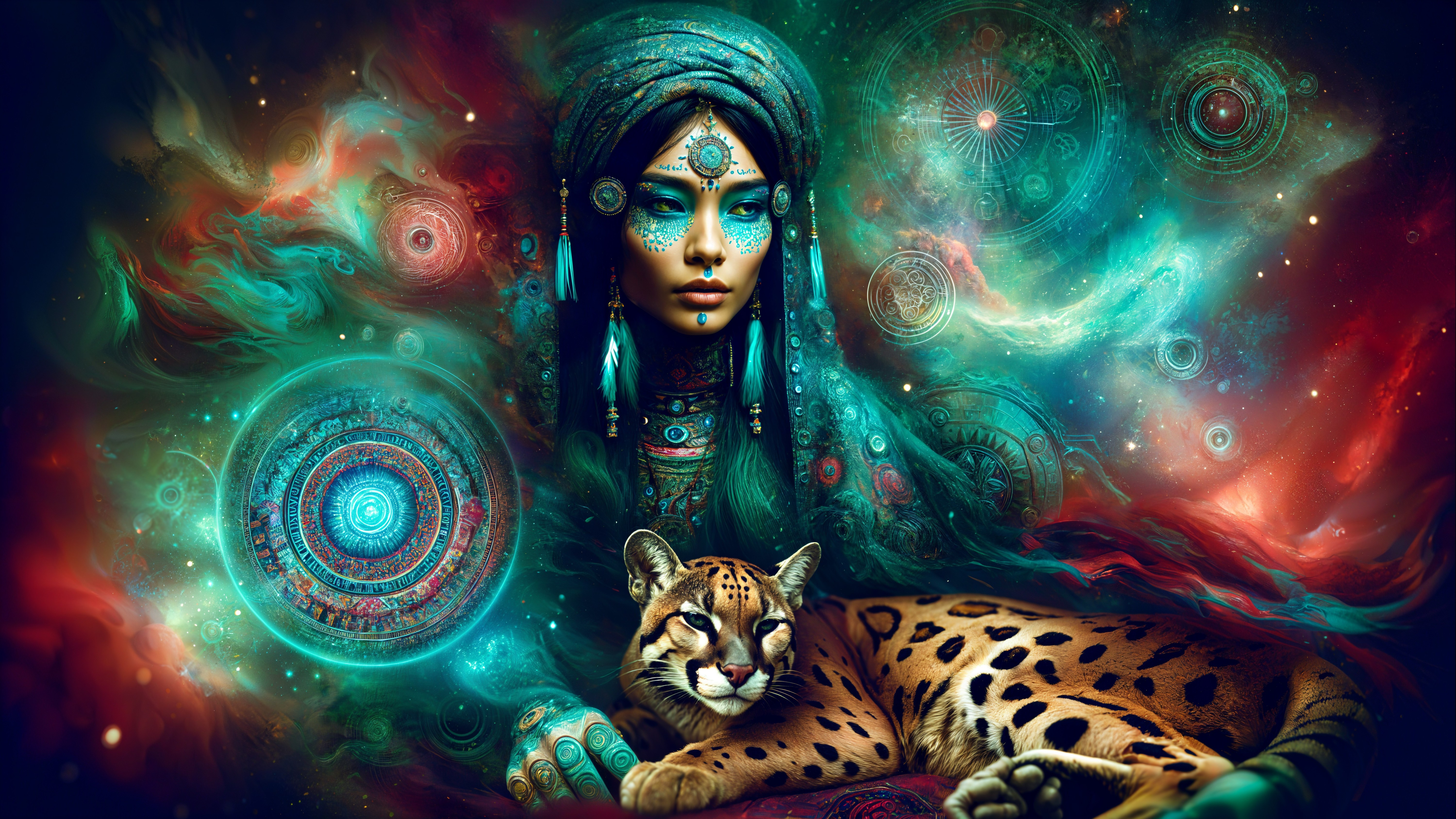 Mystical Woman with Jewelry and Cosmic Backdrop