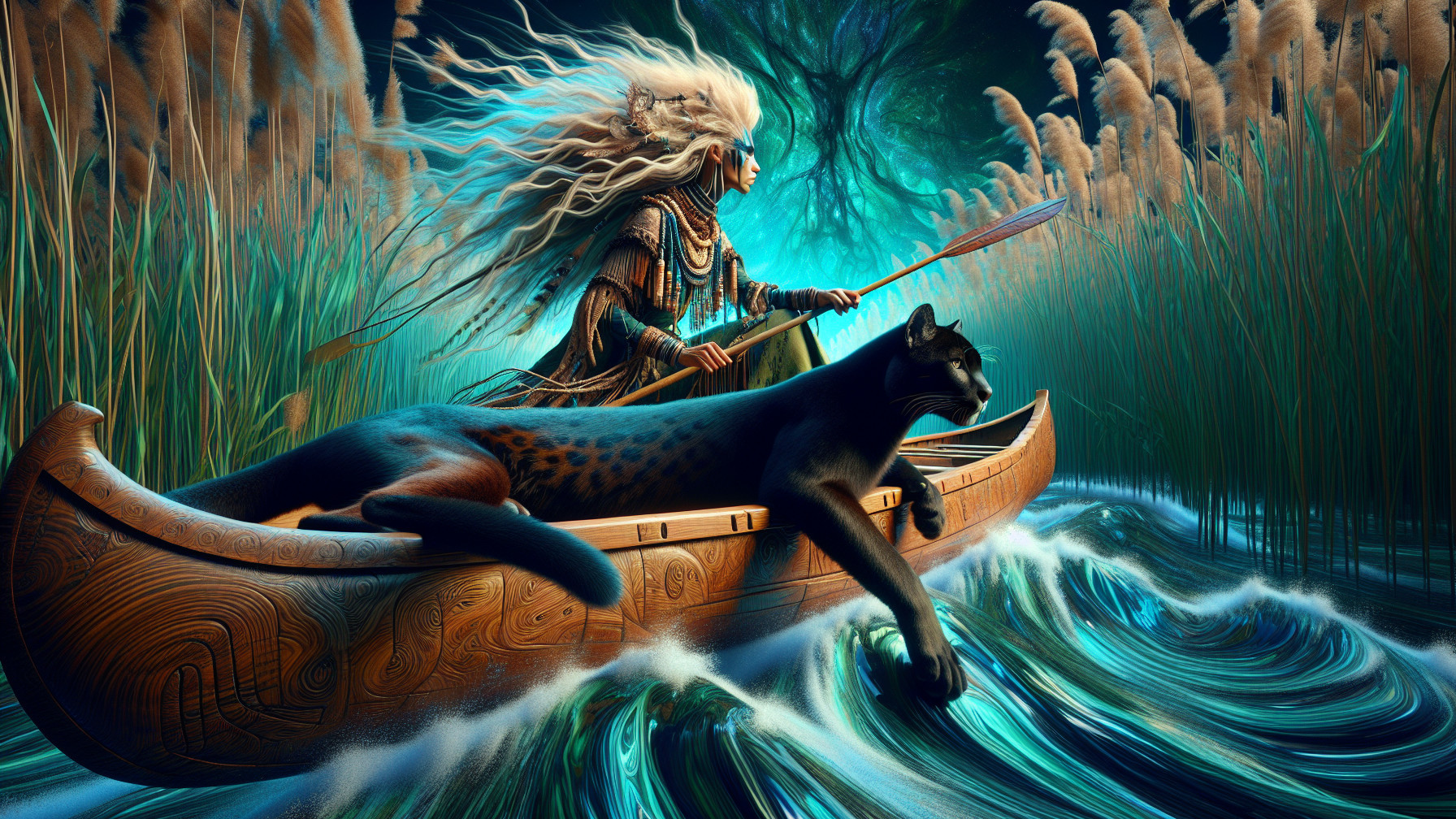 Warrior and Panther in a Dreamlike Water Scene