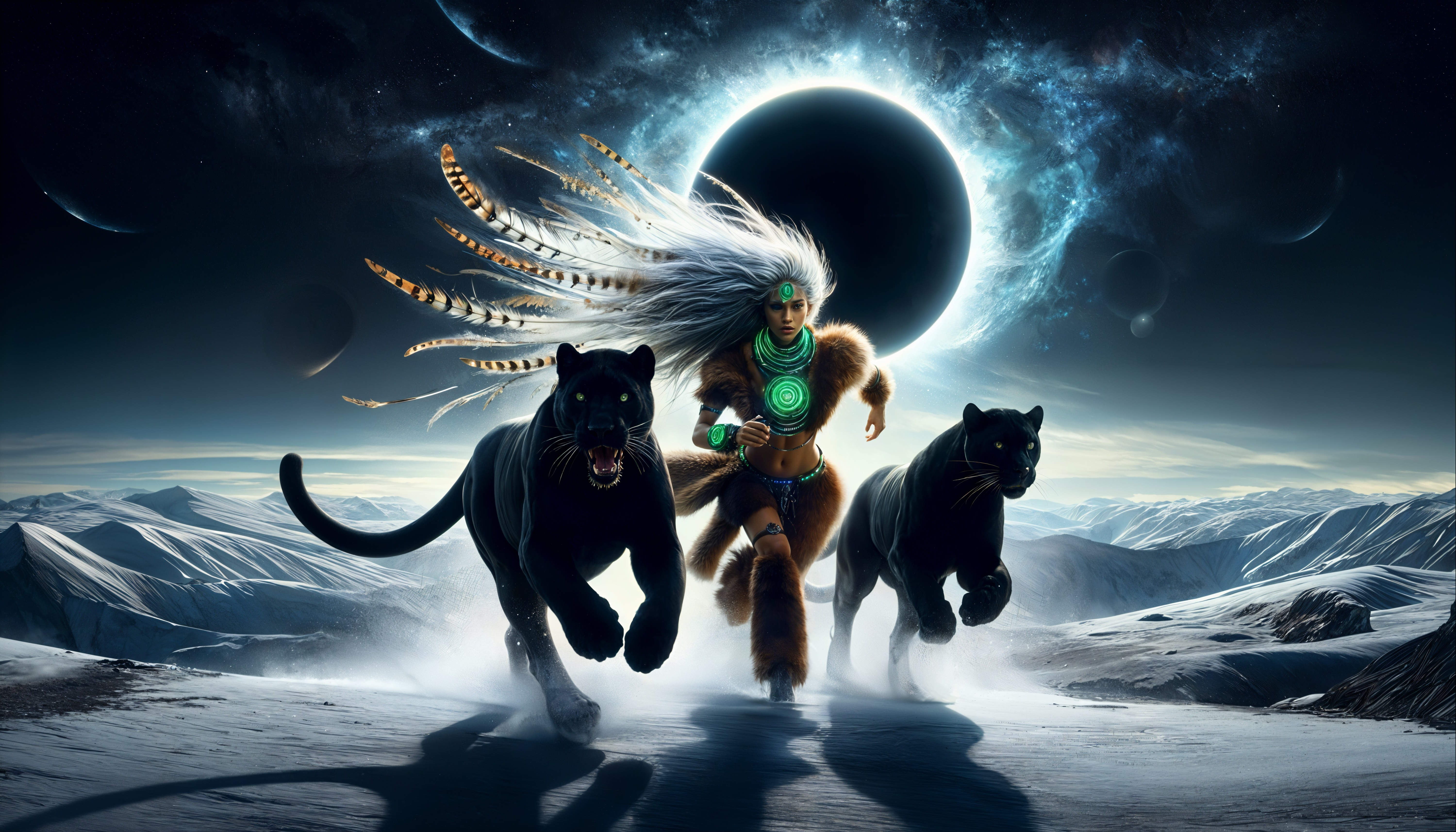 Warrior and Black Panthers in Snowy Cosmic Landscape