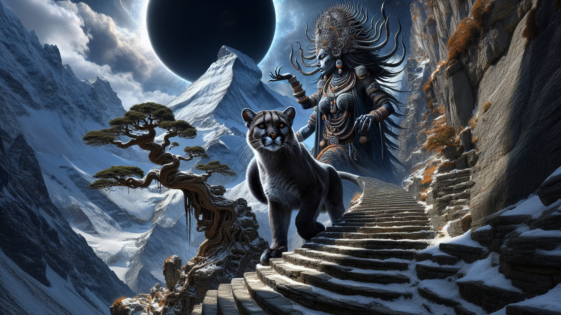 Surreal Landscape with Deity and Majestic Feline