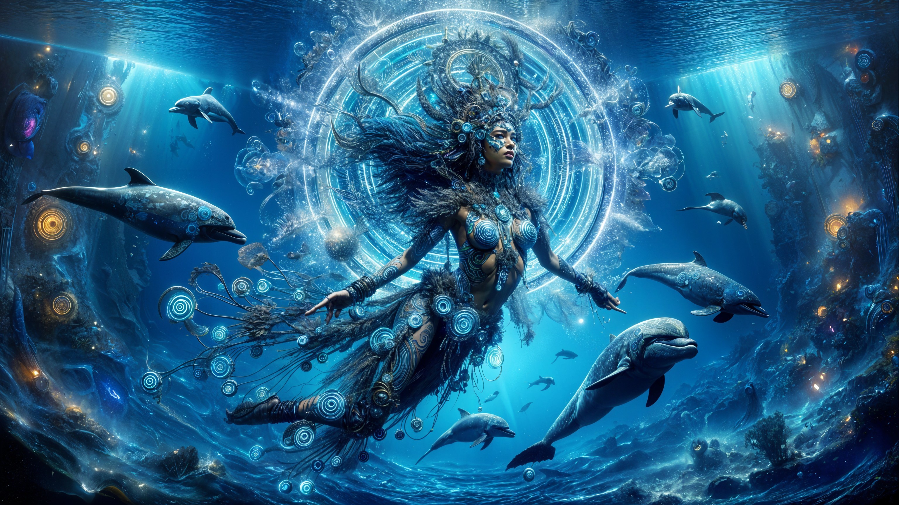 Underwater Tribal Goddess Surrounded by Dolphins