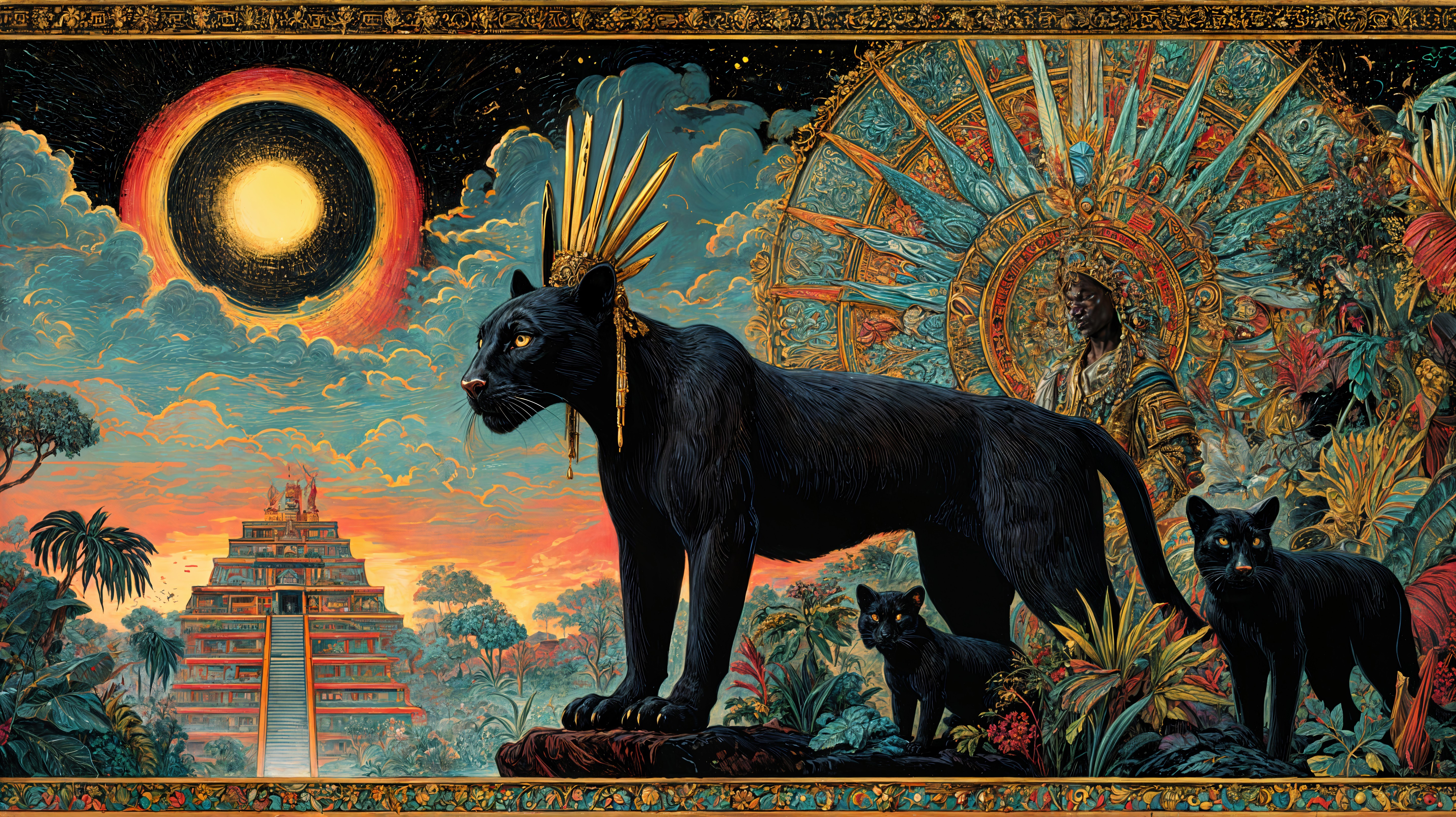 Majestic black panther on pyramid under solar eclipse