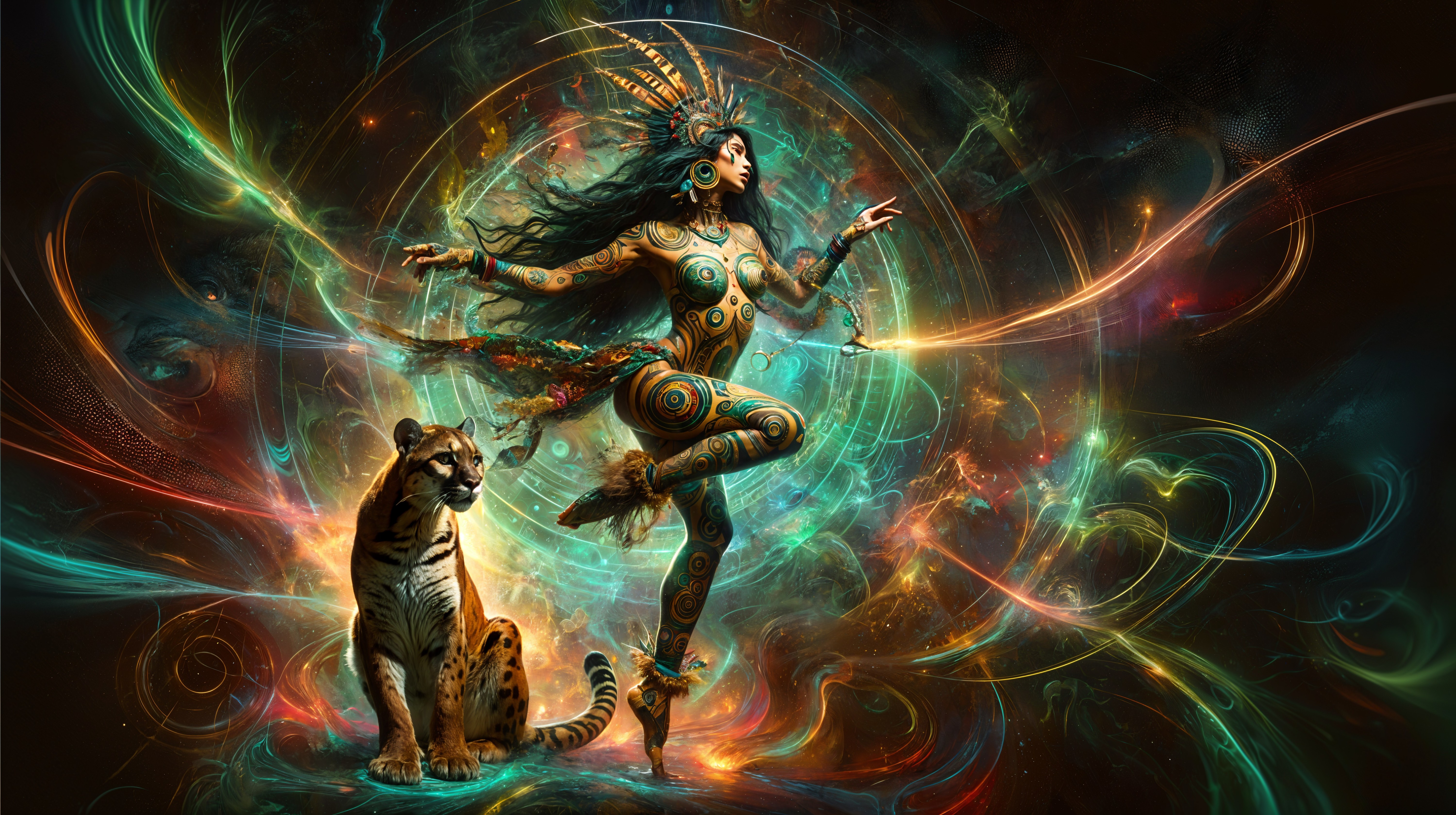 Vibrant Scene of Woman, Tiger, and Celestial Patterns