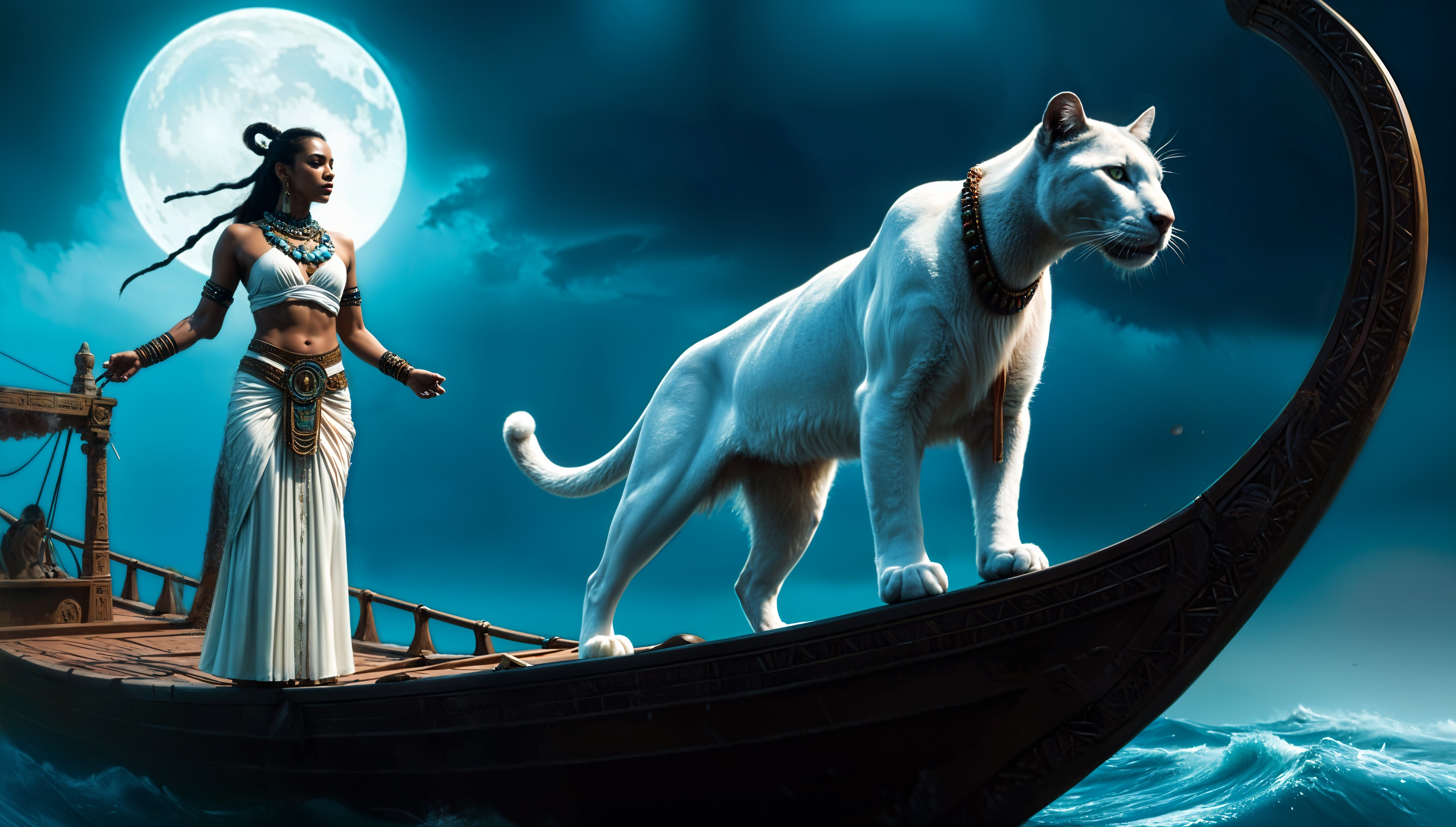 Moonlit Ocean Scene with Woman and Majestic Cat