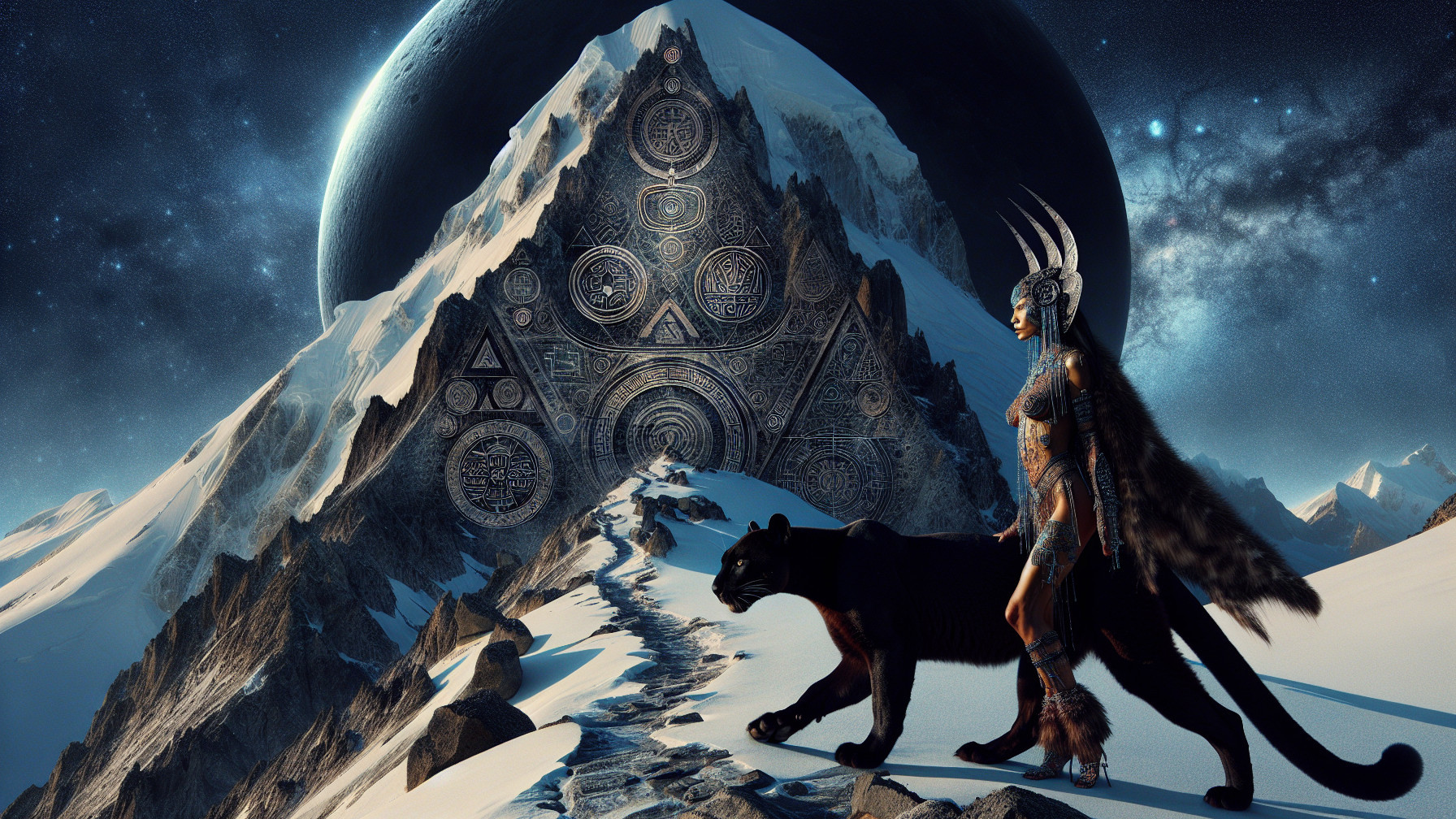 Warrior and Panther on Snowy Mountain with Planet