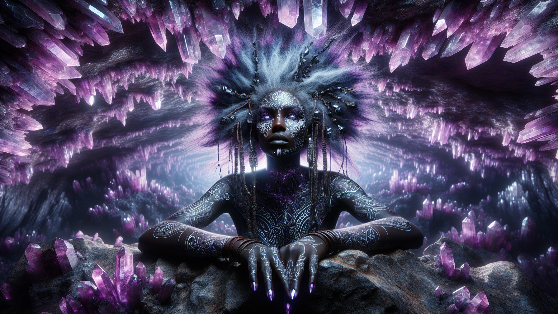 Ethereal Female Figure in Mystical Crystal Landscape