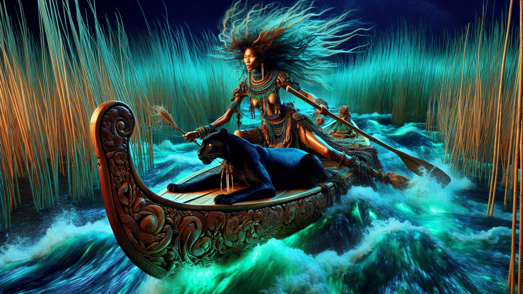 Warrior Woman in Ornate Canoe on Vibrant Waterway