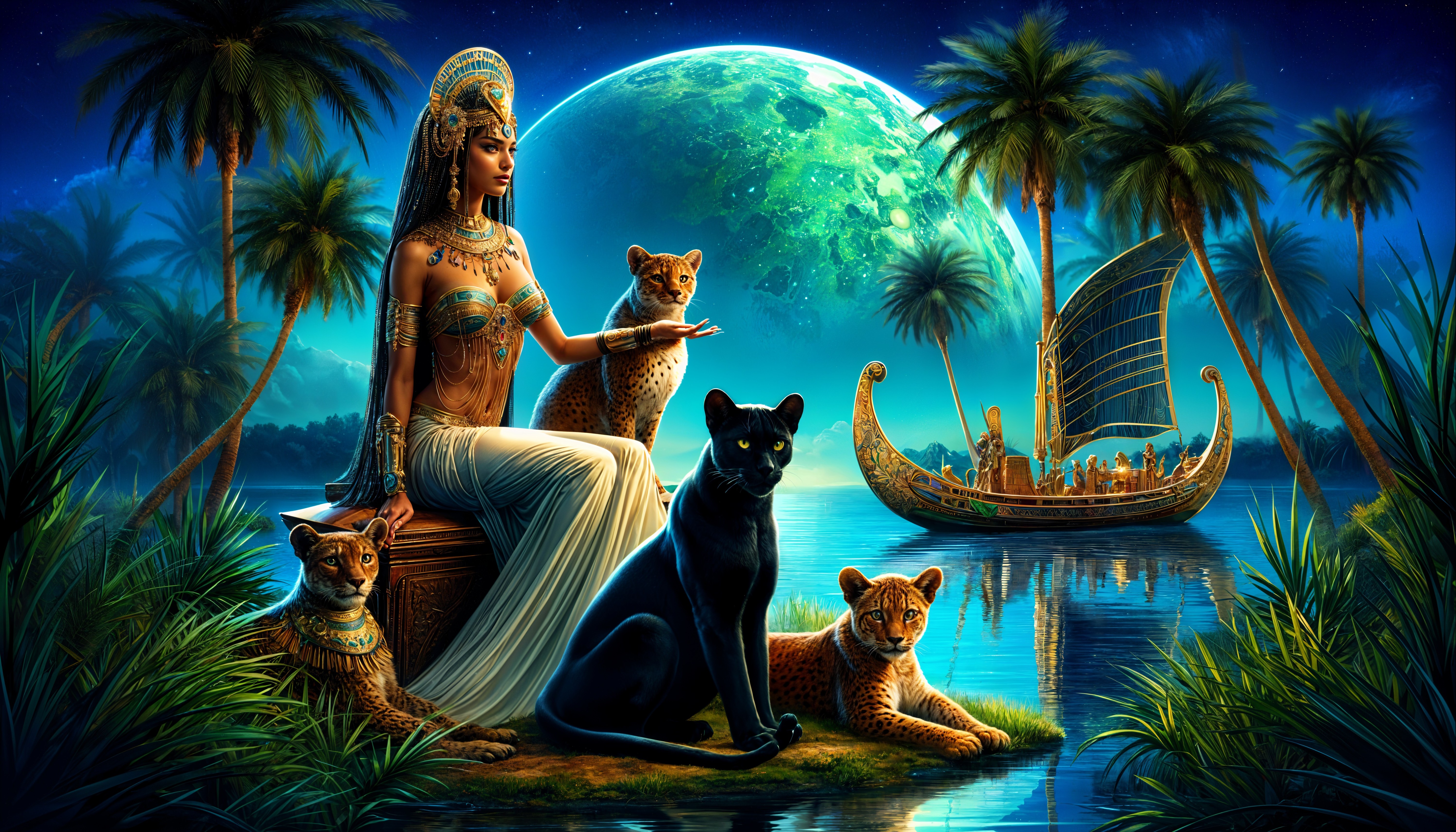 Regal Figure with Leopards by Moonlit River Scene