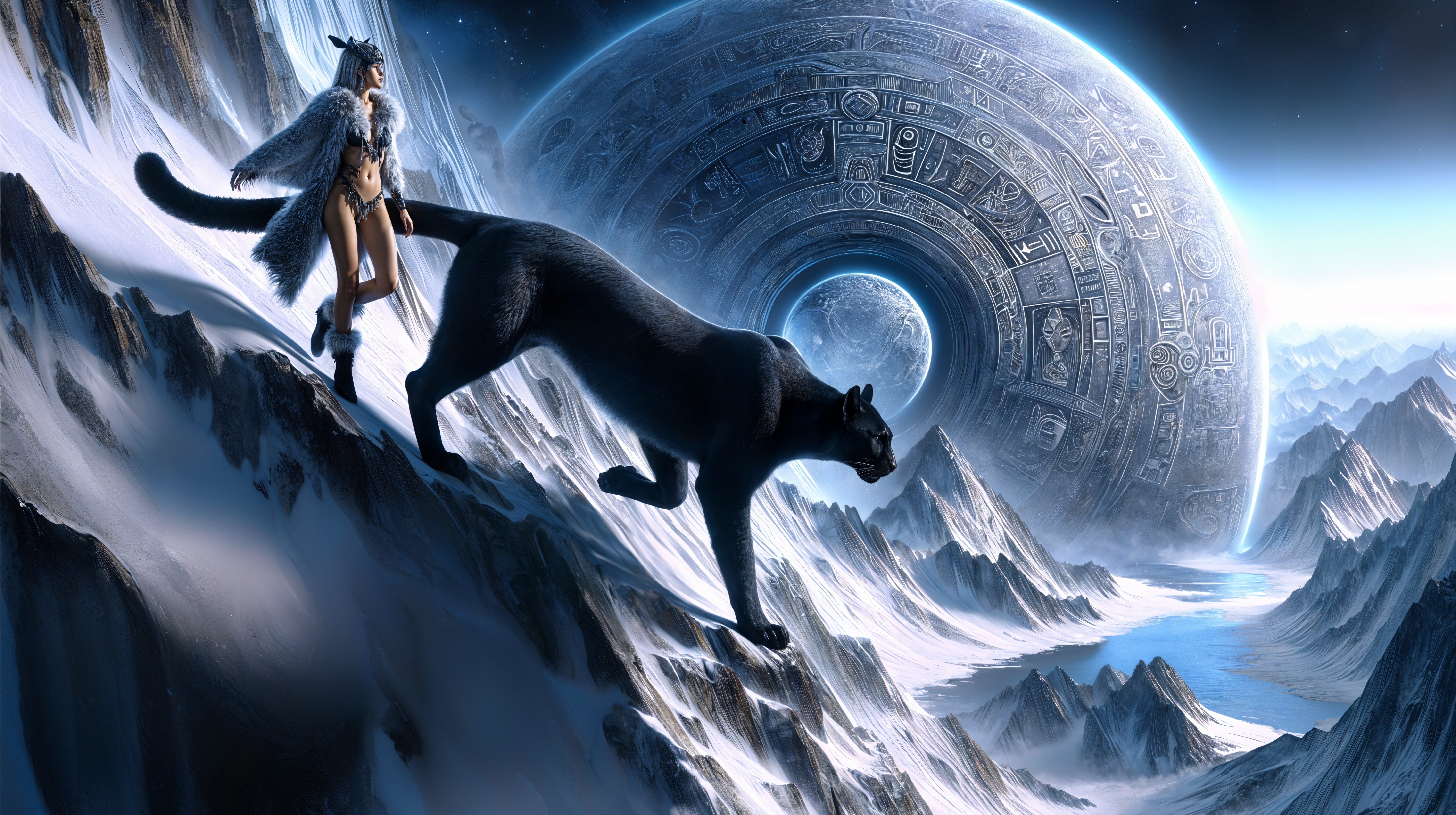 Dark Fantasy Scene of Woman and Panther on Snowy Mountain