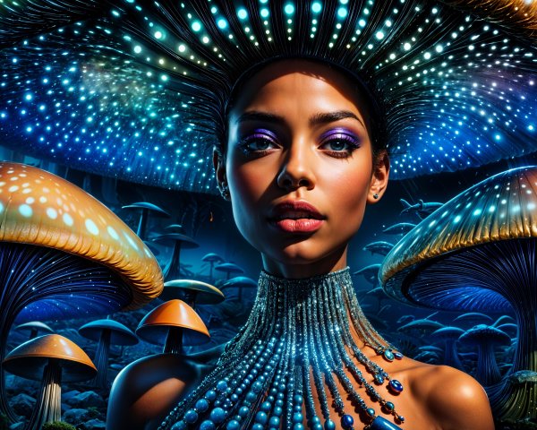 Woman Surrounded by Bioluminescent Mushrooms and Jewels