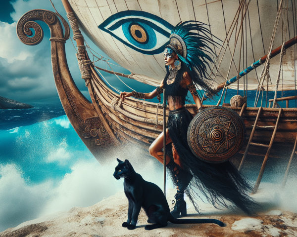 Fierce warrior on rocky shore with tribal attire and ship