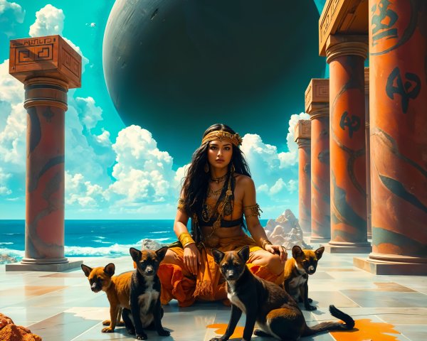 Surreal Landscape with Woman and Foxes Under Planet