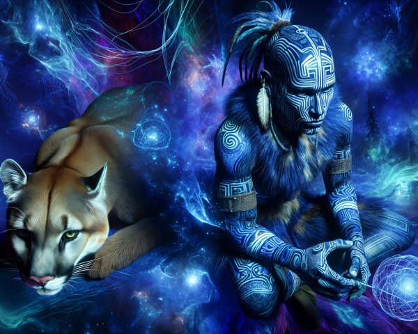 Meditative Figure and Cougar in Cosmic Landscape