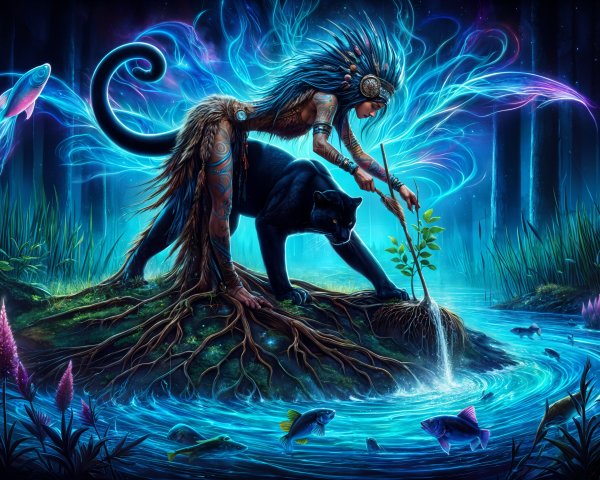 Mystical forest scene with ethereal figure and panther