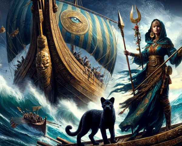 Goddess on Ship with Cat Amidst Turbulent Seas