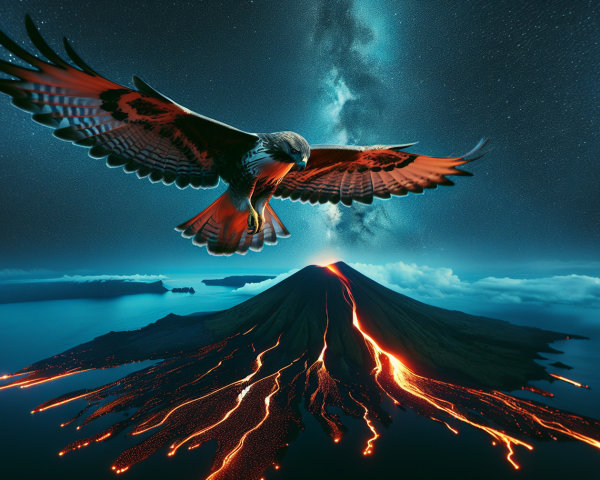 Hawk Over Volcanic Landscape with Erupting Volcano