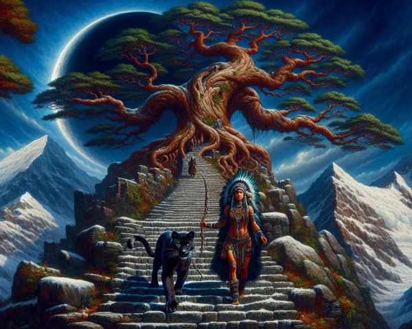 Majestic Tree and Panther in Starry Mountain Scene