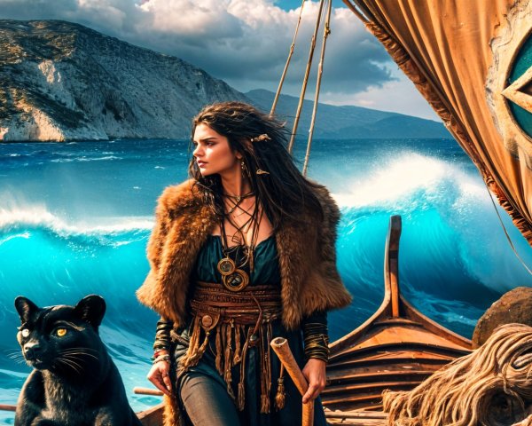 Warrior on Ship with Cat Amidst Ocean Waves and Cliffs