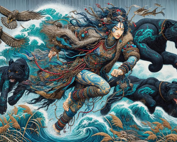 Fierce warrior with panthers and owls in ocean waves